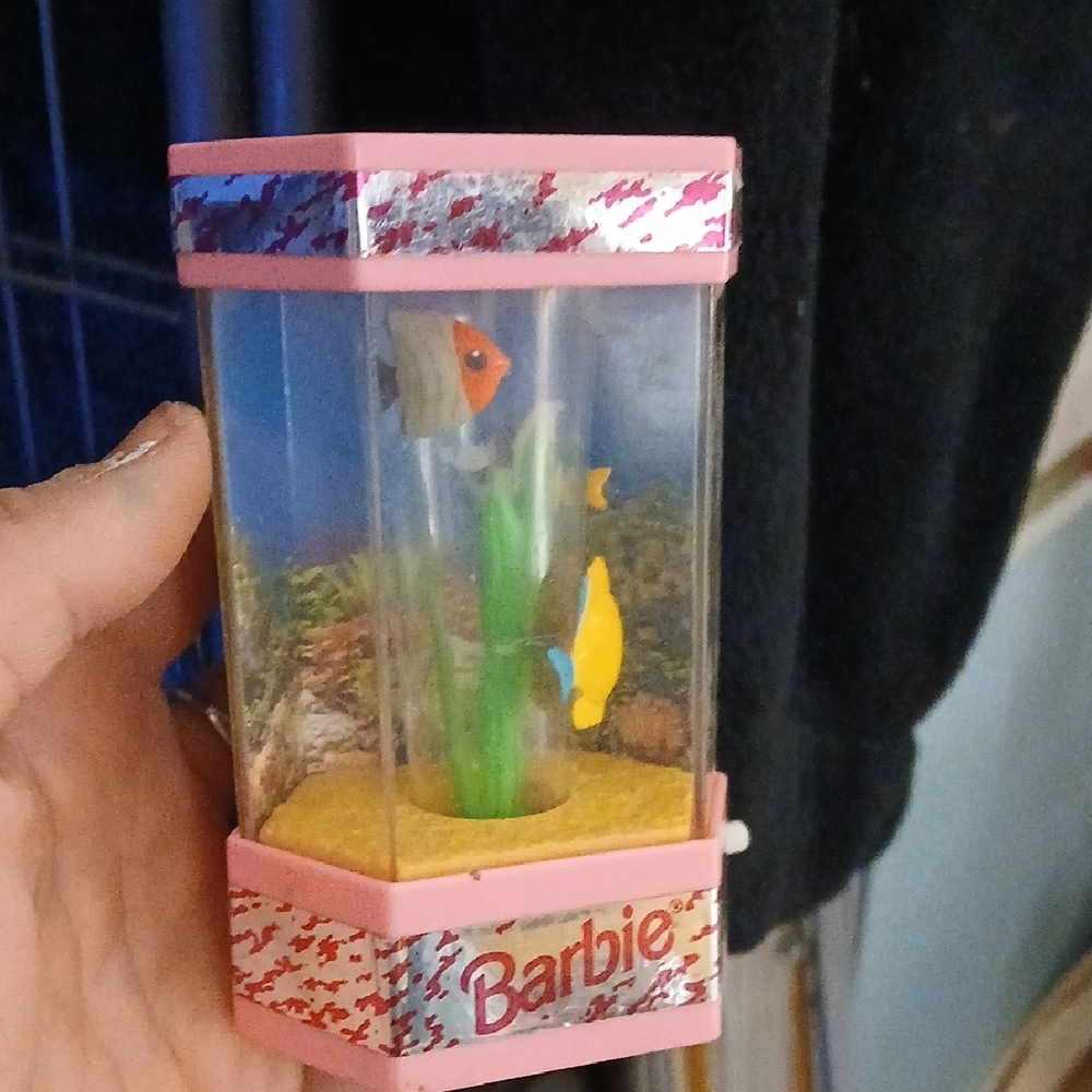 1990s Barbie Pink and Silver Fish Tank with Colorful Fish